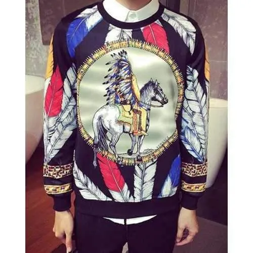 Ethnic Style Feather and Man 3D Printed Round Neck Long Sleeve Men's Sweatshirt - L