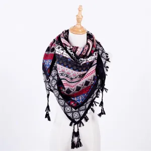 Ethnic Style Fringed Scarf Jacquard Square Scarf