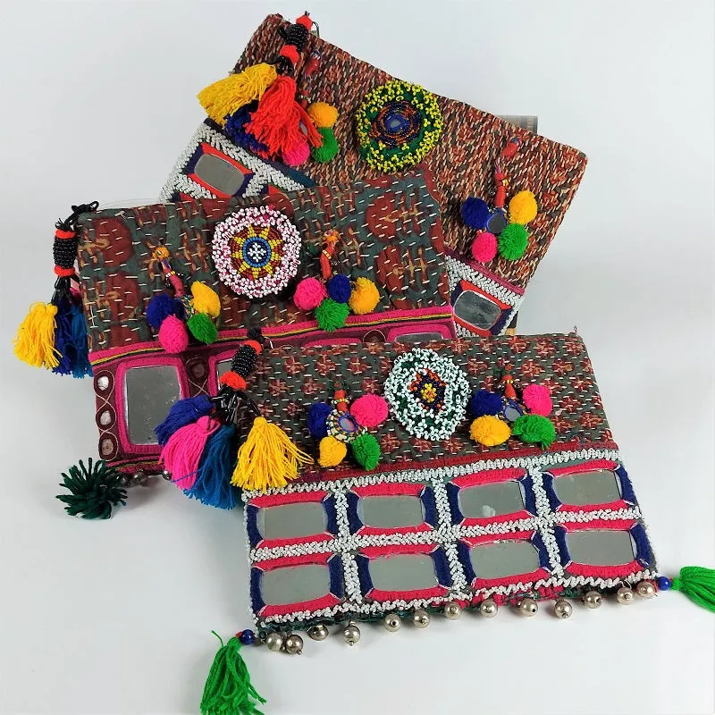 Exquisite Banjara clutch bags with Indian mirrorwork and colorful tassels