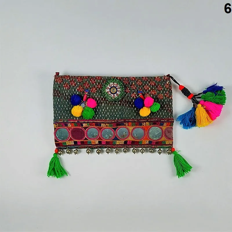 Exquisite Banjara clutch bags with Indian mirrorwork and colorful tassels