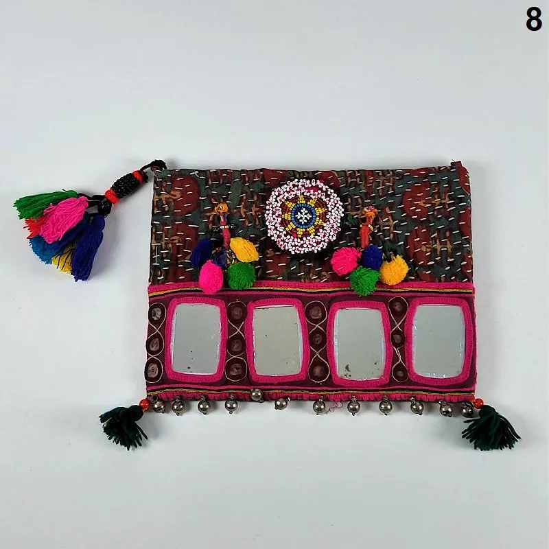 Exquisite Banjara clutch bags with Indian mirrorwork and colorful tassels