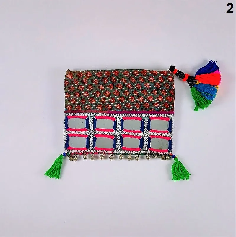 Exquisite Banjara clutch bags with Indian mirrorwork and colorful tassels