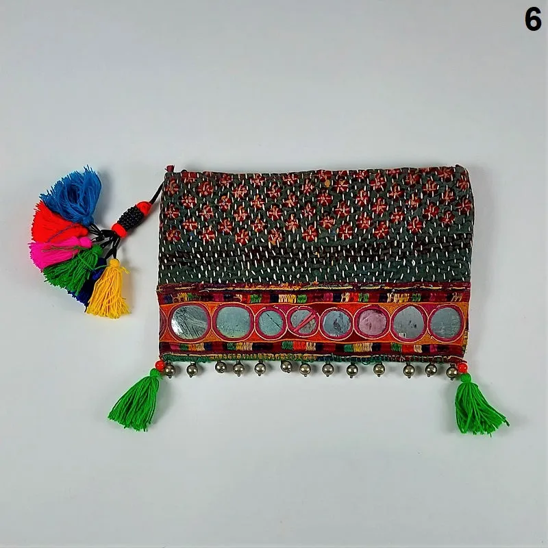 Exquisite Banjara clutch bags with Indian mirrorwork and colorful tassels