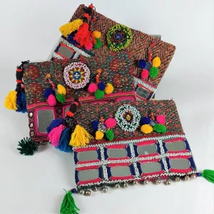 Exquisite Banjara clutch bags with Indian mirrorwork and colorful tassels