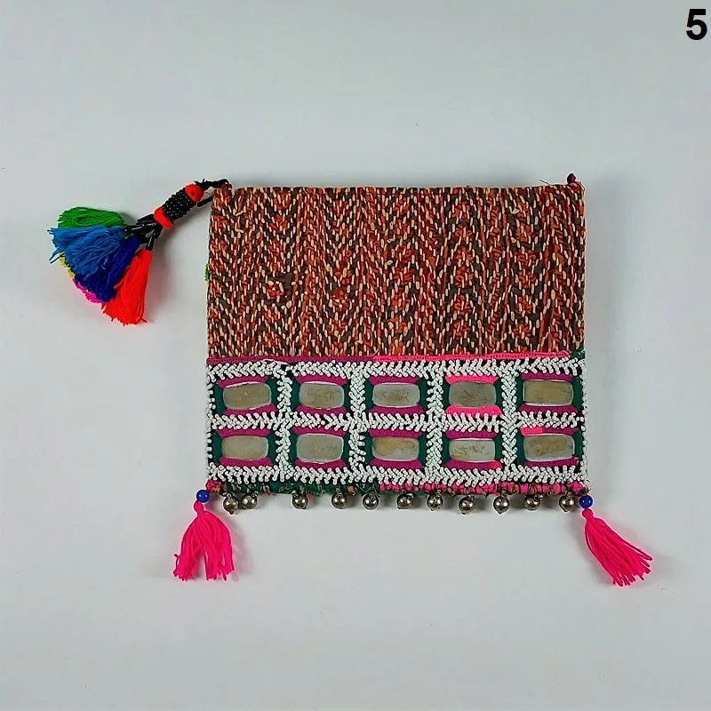 Exquisite Banjara clutch bags with Indian mirrorwork and colorful tassels