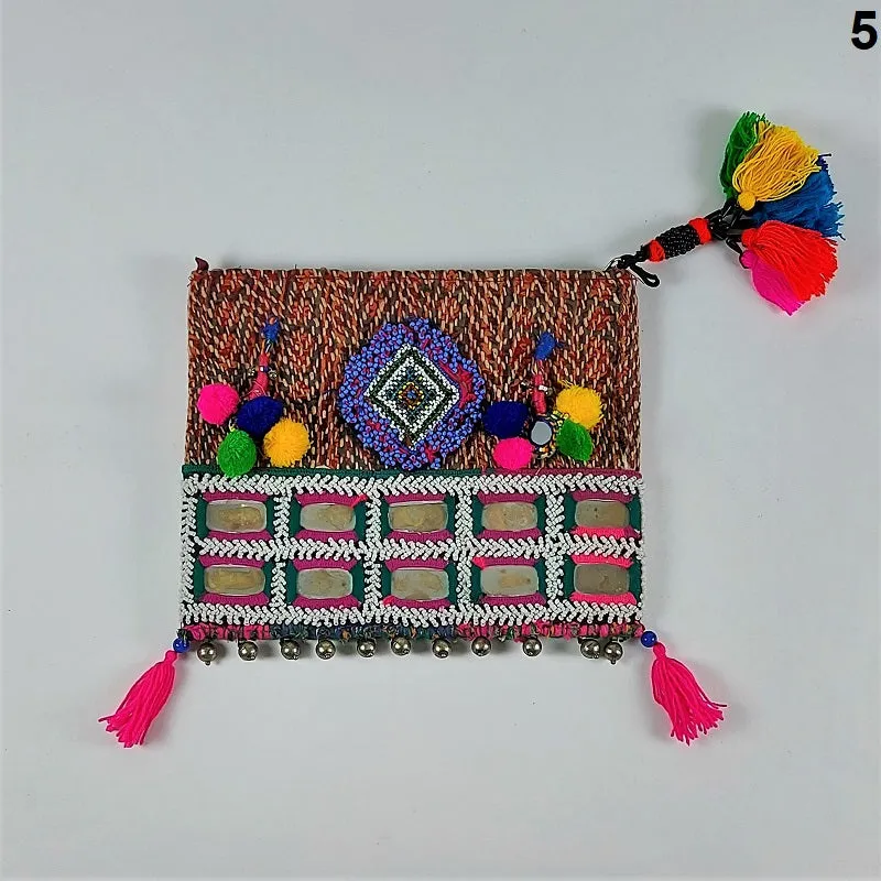 Exquisite Banjara clutch bags with Indian mirrorwork and colorful tassels