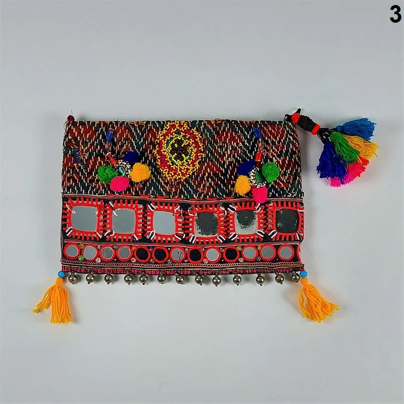 Exquisite Banjara clutch bags with Indian mirrorwork and colorful tassels