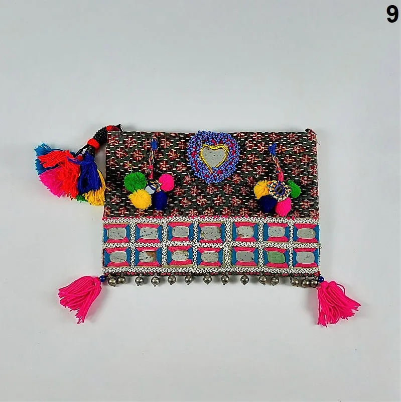 Exquisite Banjara clutch bags with Indian mirrorwork and colorful tassels