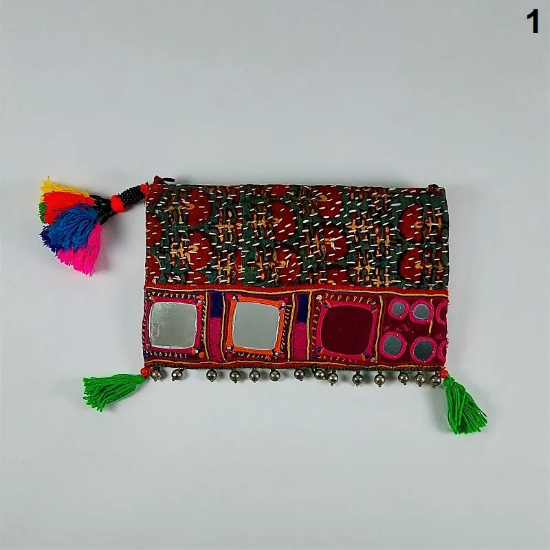 Exquisite Banjara clutch bags with Indian mirrorwork and colorful tassels