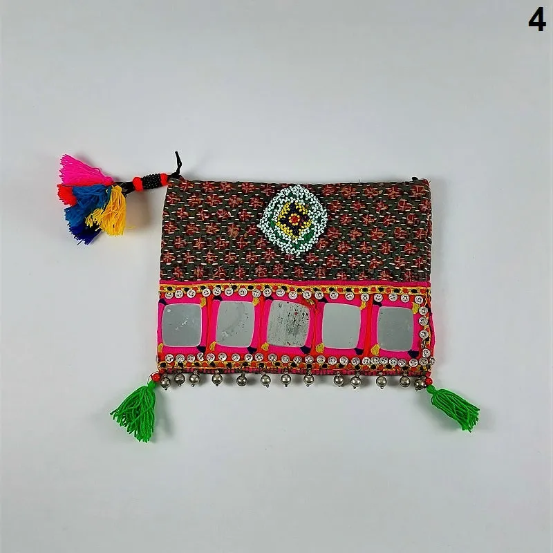 Exquisite Banjara clutch bags with Indian mirrorwork and colorful tassels