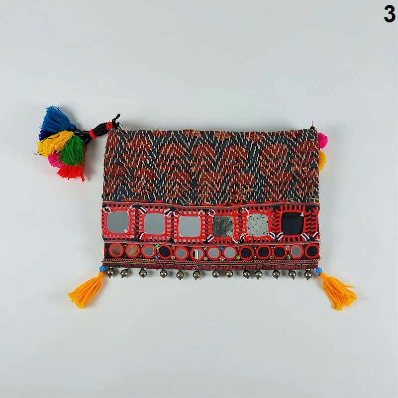 Exquisite Banjara clutch bags with Indian mirrorwork and colorful tassels