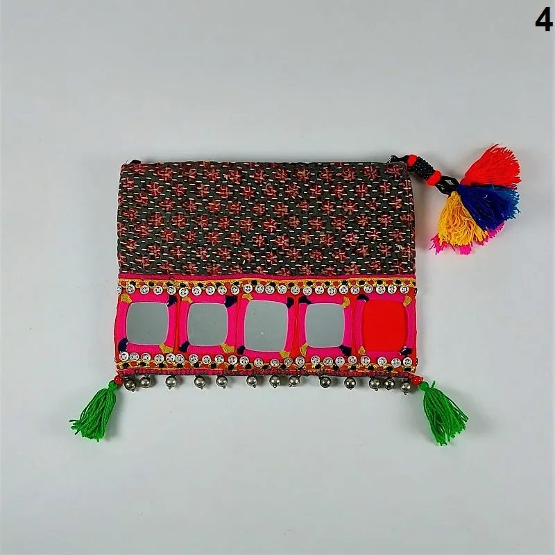 Exquisite Banjara clutch bags with Indian mirrorwork and colorful tassels