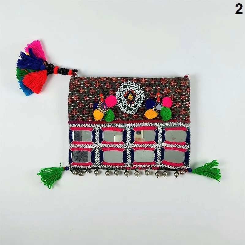 Exquisite Banjara clutch bags with Indian mirrorwork and colorful tassels