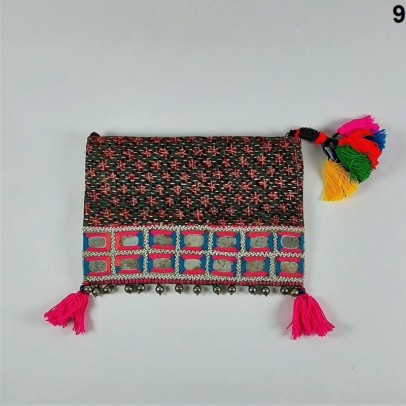 Exquisite Banjara clutch bags with Indian mirrorwork and colorful tassels