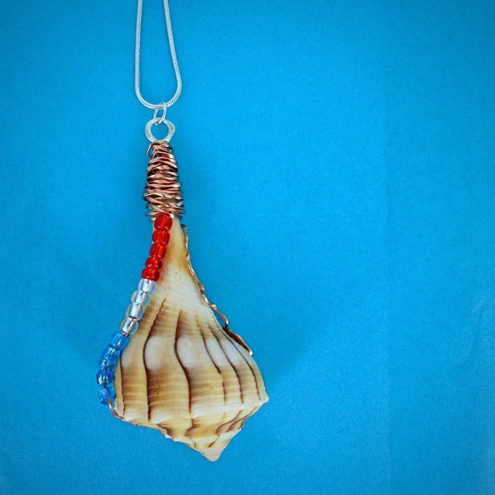 Exquisite Giant Lightning Whelk Seashell Handmade Pendant - Copper Wire Wrapped with Multicolored Beads and Pearl