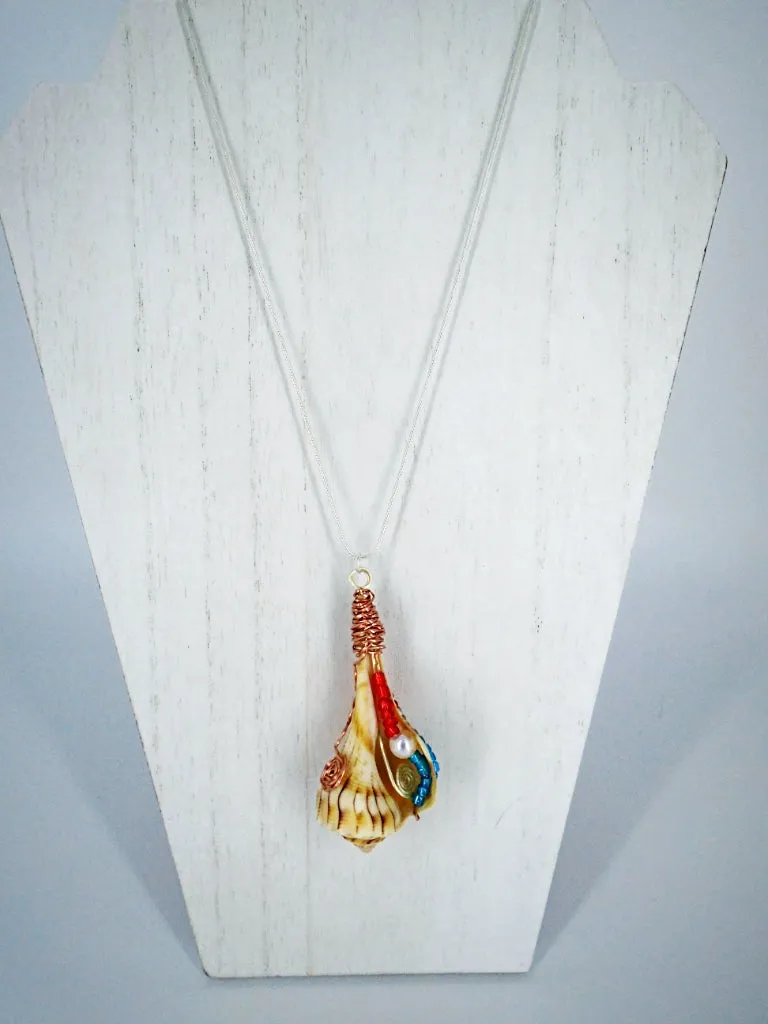 Exquisite Giant Lightning Whelk Seashell Handmade Pendant - Copper Wire Wrapped with Multicolored Beads and Pearl