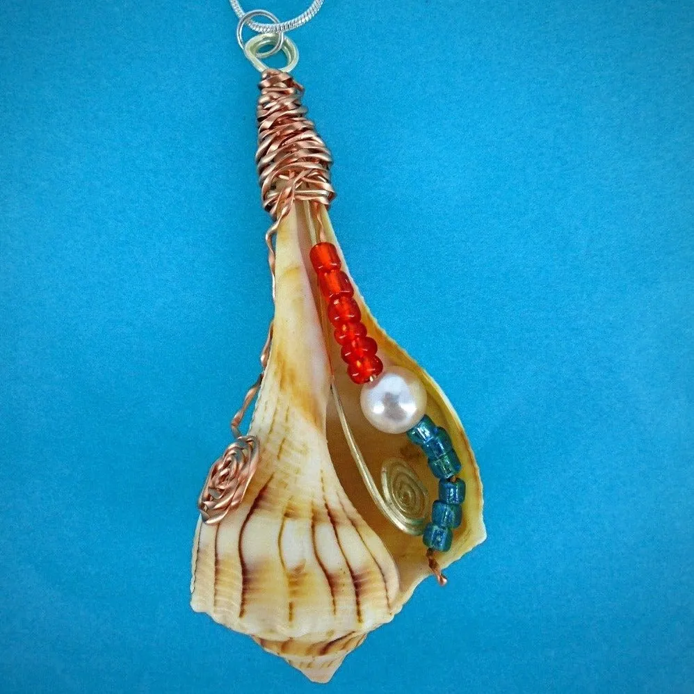 Exquisite Giant Lightning Whelk Seashell Handmade Pendant - Copper Wire Wrapped with Multicolored Beads and Pearl