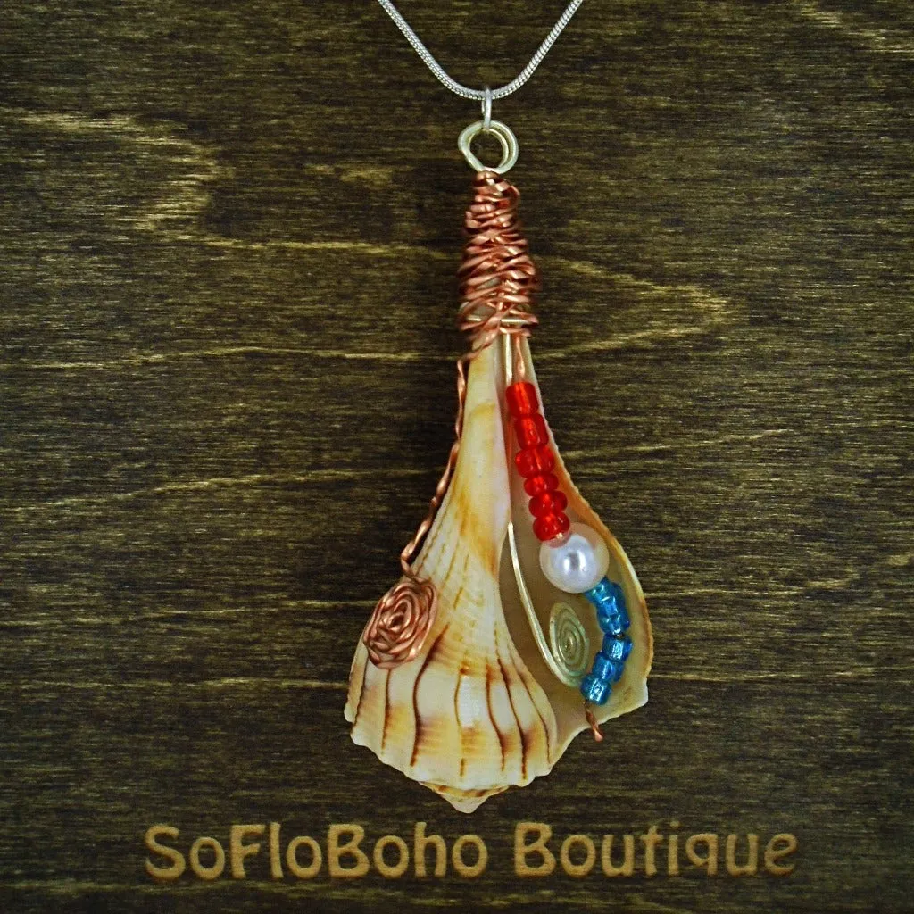 Exquisite Giant Lightning Whelk Seashell Handmade Pendant - Copper Wire Wrapped with Multicolored Beads and Pearl