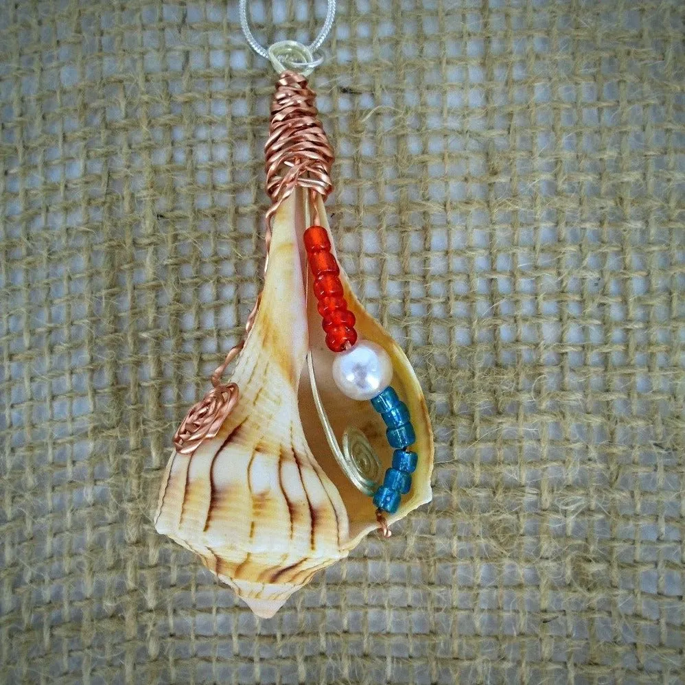 Exquisite Giant Lightning Whelk Seashell Handmade Pendant - Copper Wire Wrapped with Multicolored Beads and Pearl