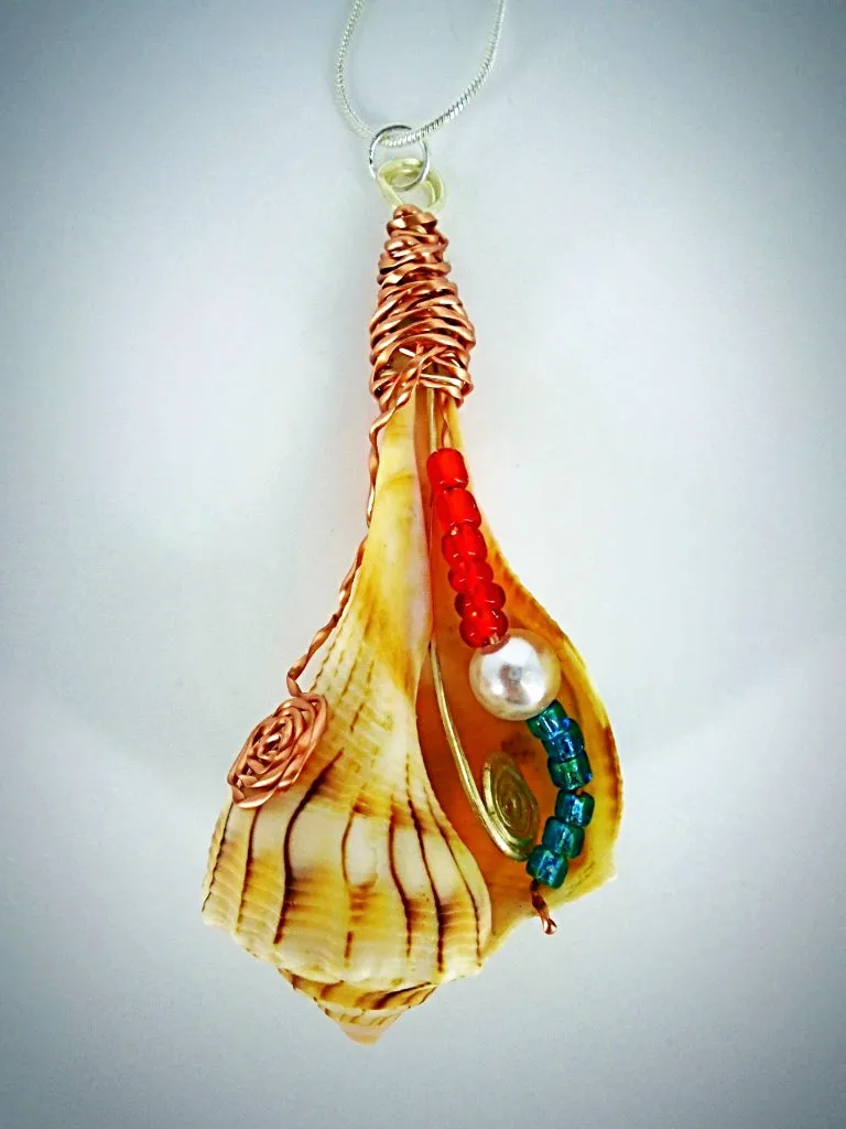 Exquisite Giant Lightning Whelk Seashell Handmade Pendant - Copper Wire Wrapped with Multicolored Beads and Pearl