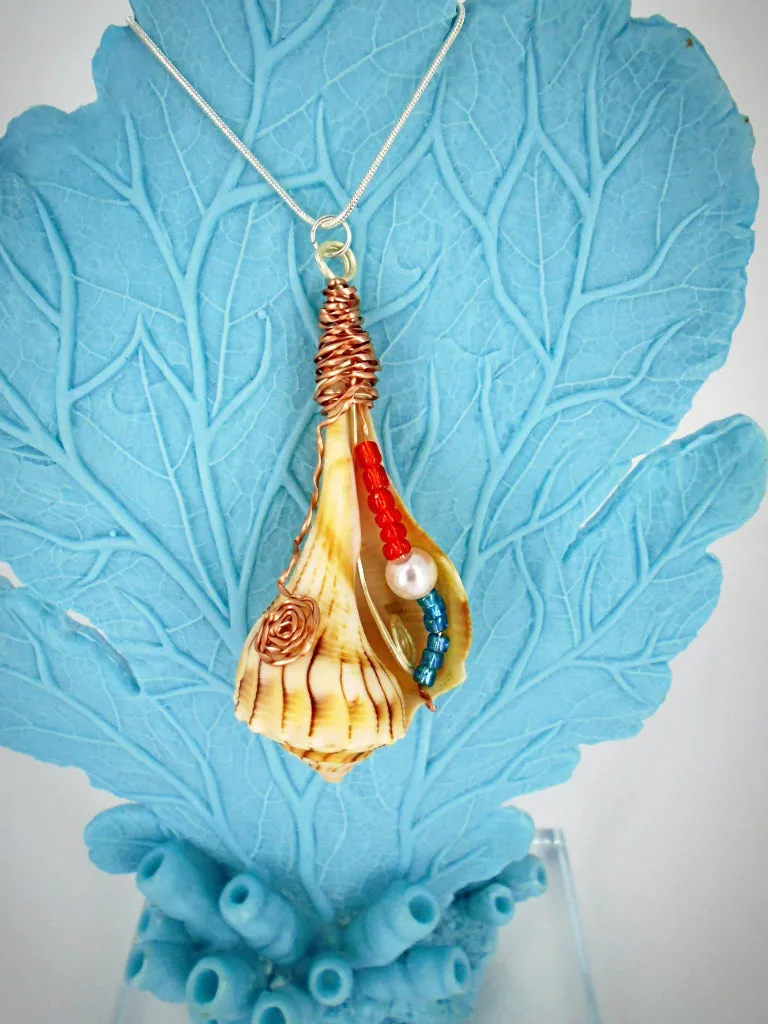 Exquisite Giant Lightning Whelk Seashell Handmade Pendant - Copper Wire Wrapped with Multicolored Beads and Pearl