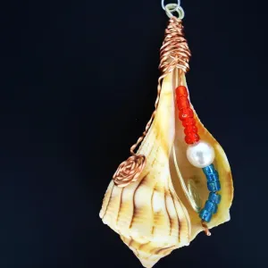 Exquisite Giant Lightning Whelk Seashell Handmade Pendant - Copper Wire Wrapped with Multicolored Beads and Pearl