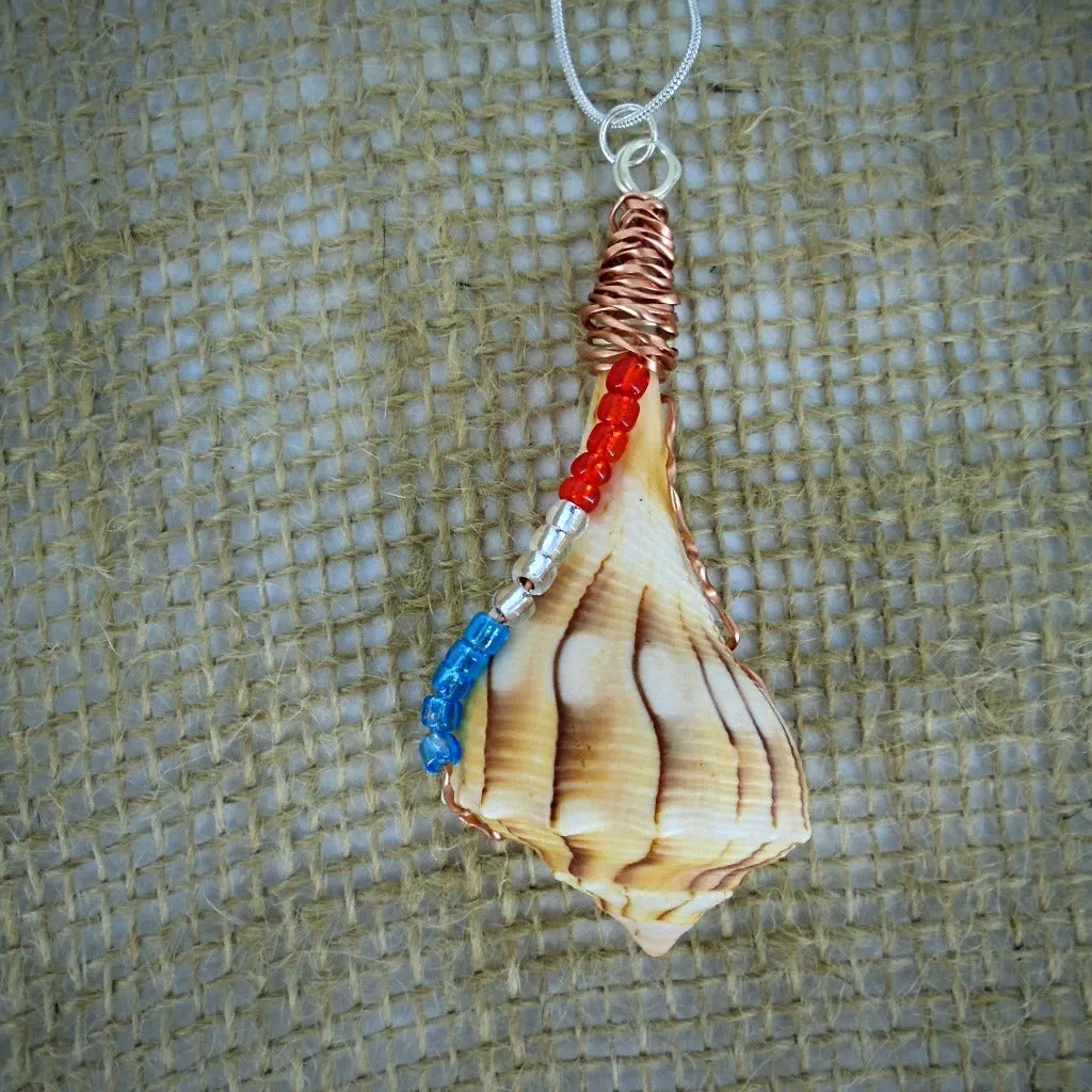Exquisite Giant Lightning Whelk Seashell Handmade Pendant - Copper Wire Wrapped with Multicolored Beads and Pearl
