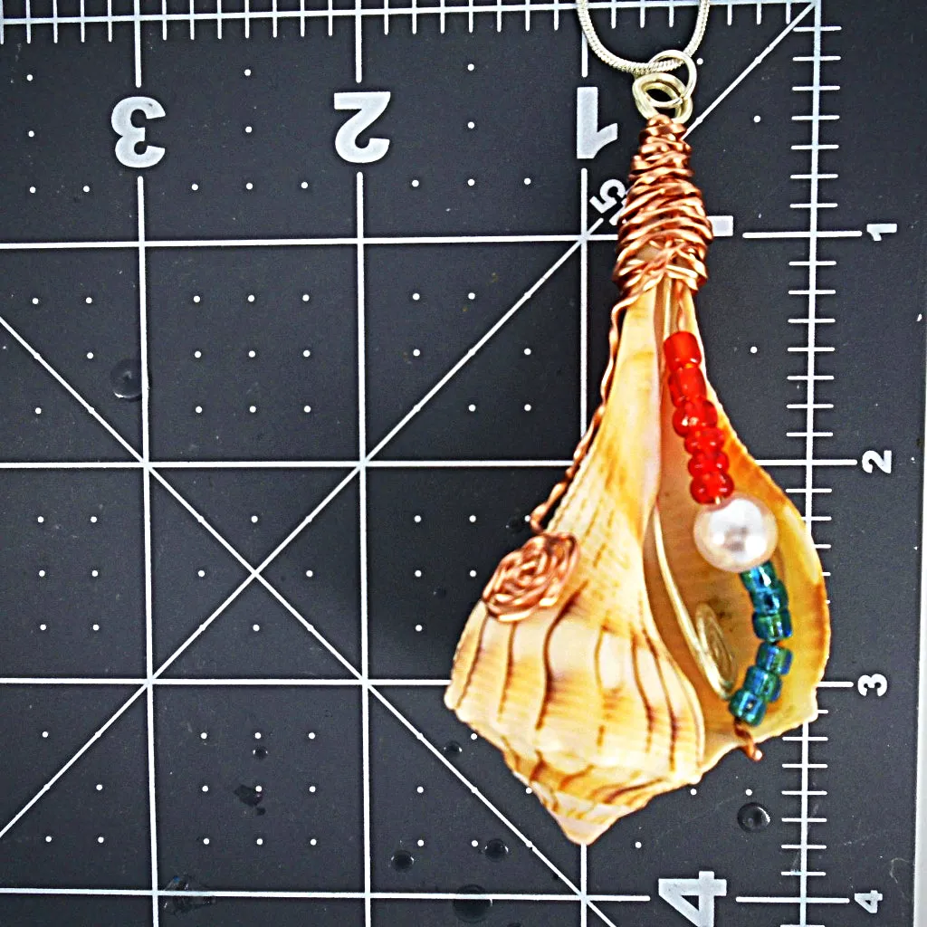 Exquisite Giant Lightning Whelk Seashell Handmade Pendant - Copper Wire Wrapped with Multicolored Beads and Pearl