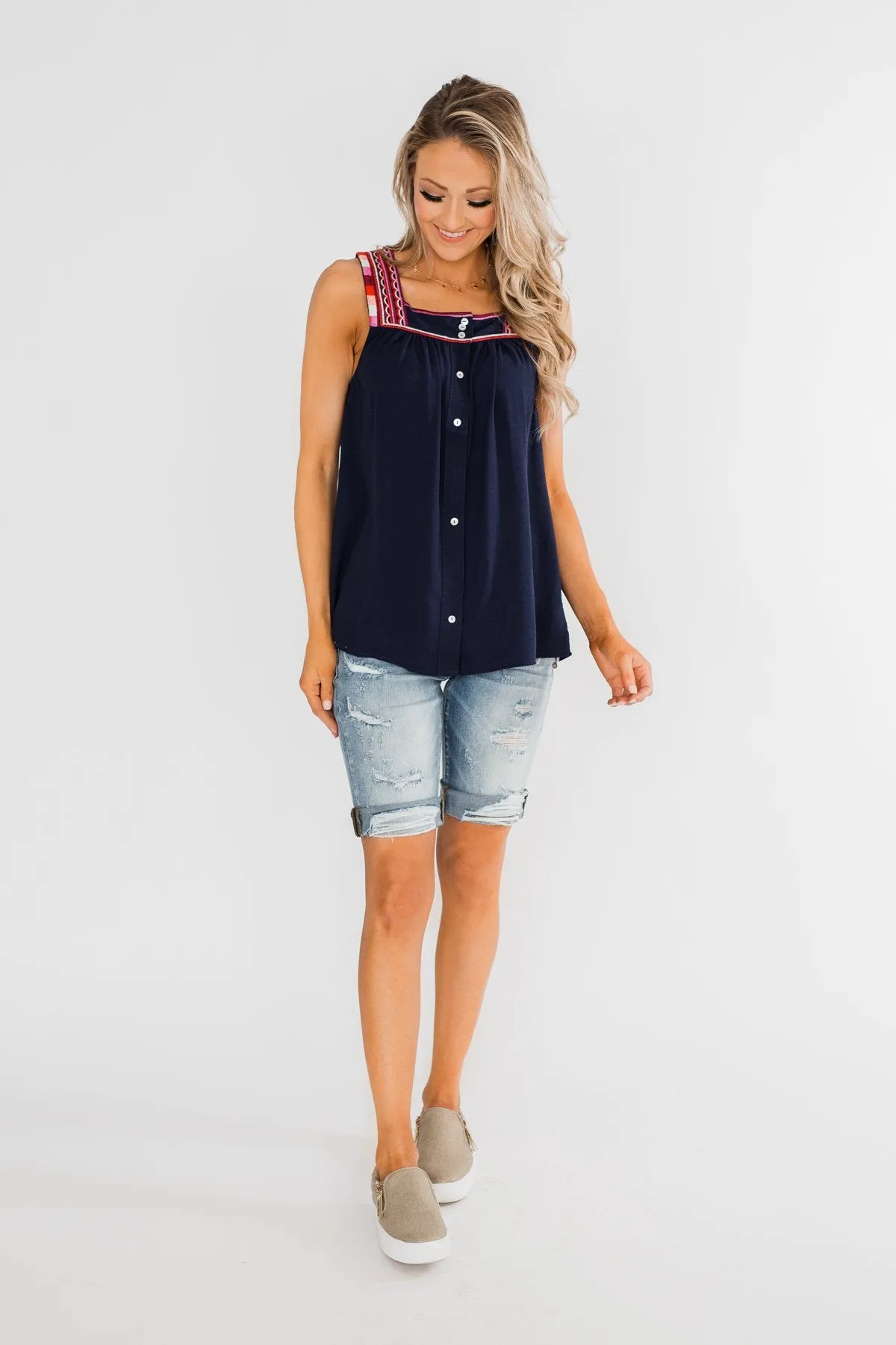 Familiar To You Wide Strap Tank Top- Navy