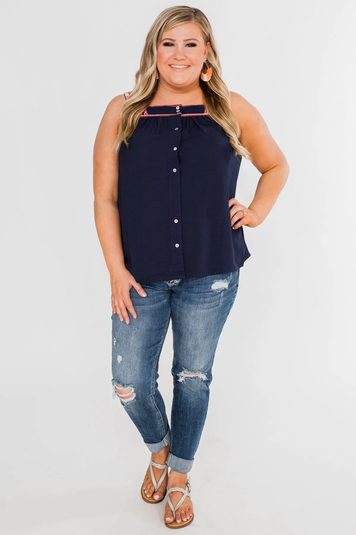Familiar To You Wide Strap Tank Top- Navy