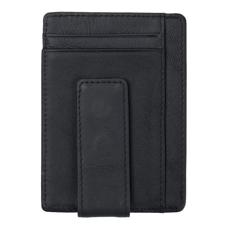 Fashion Men Magnet Money Clip Thin Credit Card Holder Genuine Leather Front RFID Pocket Wallet Blocking