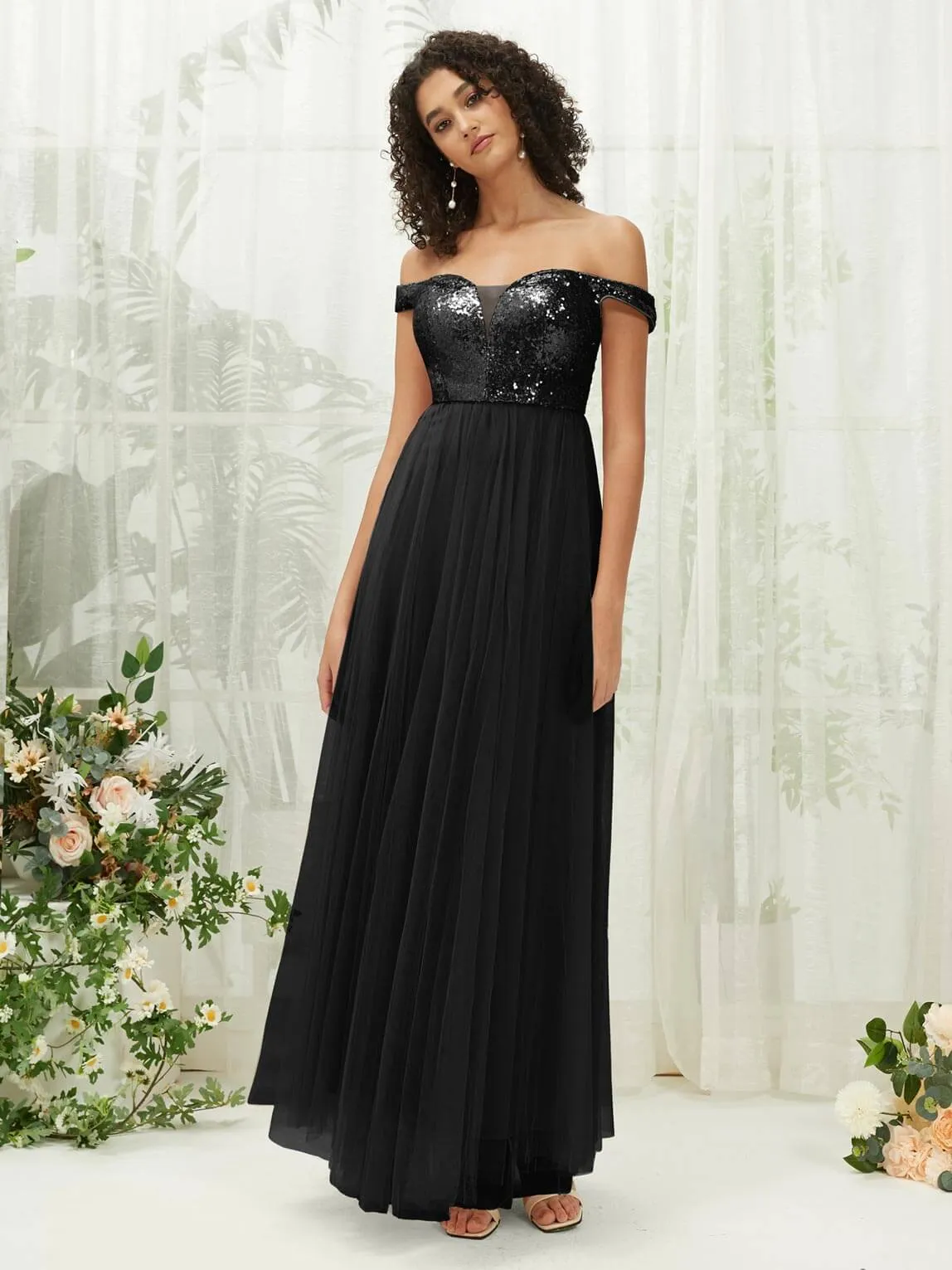 [Final Sale] Black Sequin Tulle Off-Shoulder Maxi Flowy Bridesmaid Dress
