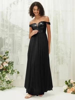 [Final Sale] Black Sequin Tulle Off-Shoulder Maxi Flowy Bridesmaid Dress