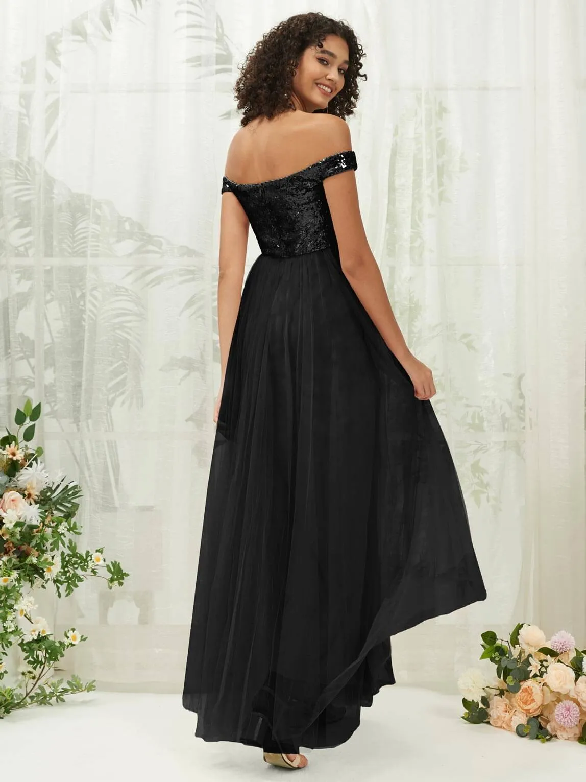 [Final Sale] Black Sequin Tulle Off-Shoulder Maxi Flowy Bridesmaid Dress