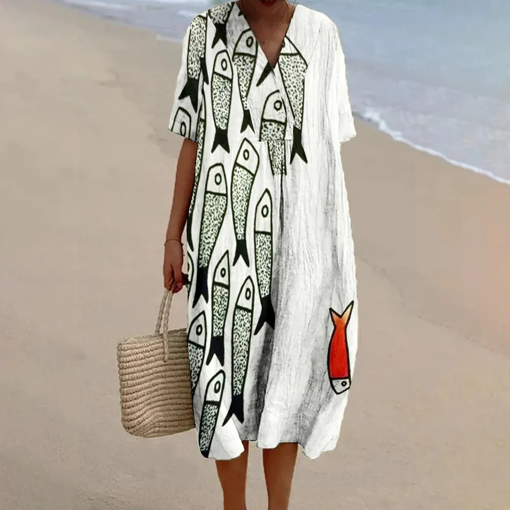 Fish Print Dress  Baggy Dress Vintage V Neck A-line Luxury Brand Linen Beach