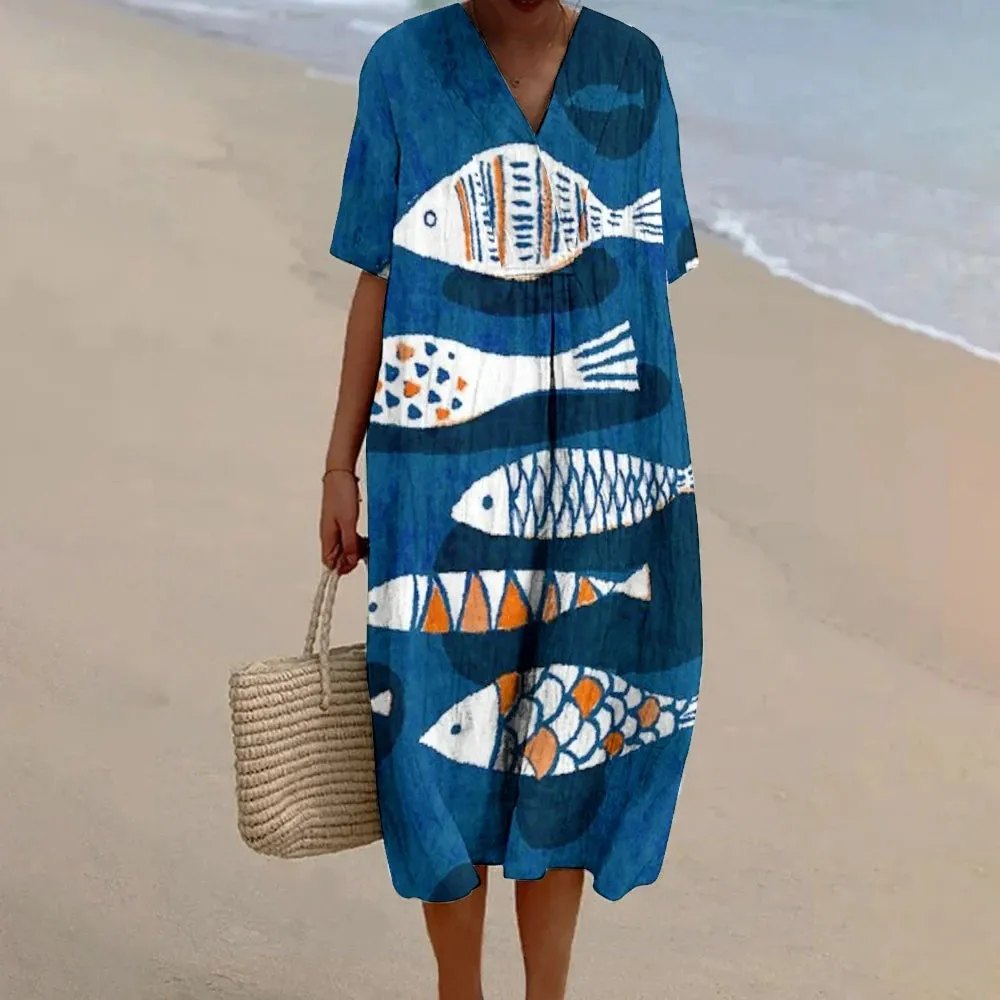 Fish Print Dress  Baggy Dress Vintage V Neck A-line Luxury Brand Linen Beach