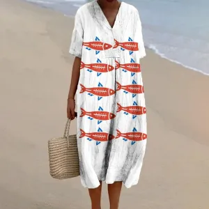 Fish Print Dress  Baggy Dress Vintage V Neck A-line Luxury Brand Linen Beach