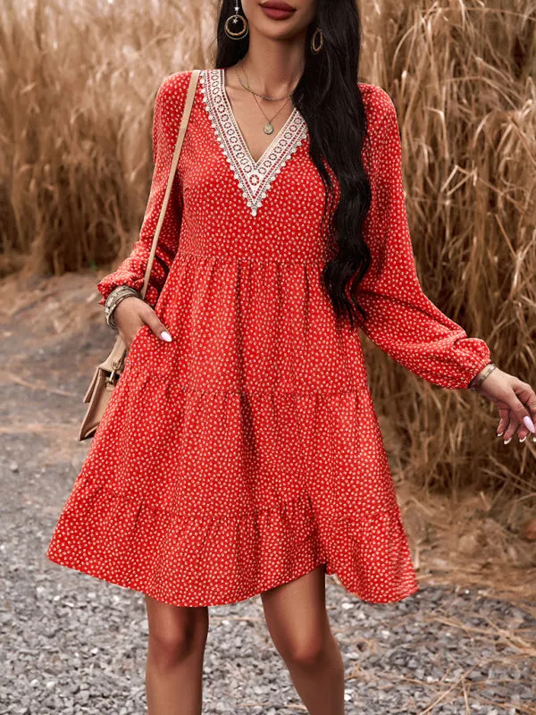 Floral Print V-Neck Dress with Lace Detail and Long Sleeves