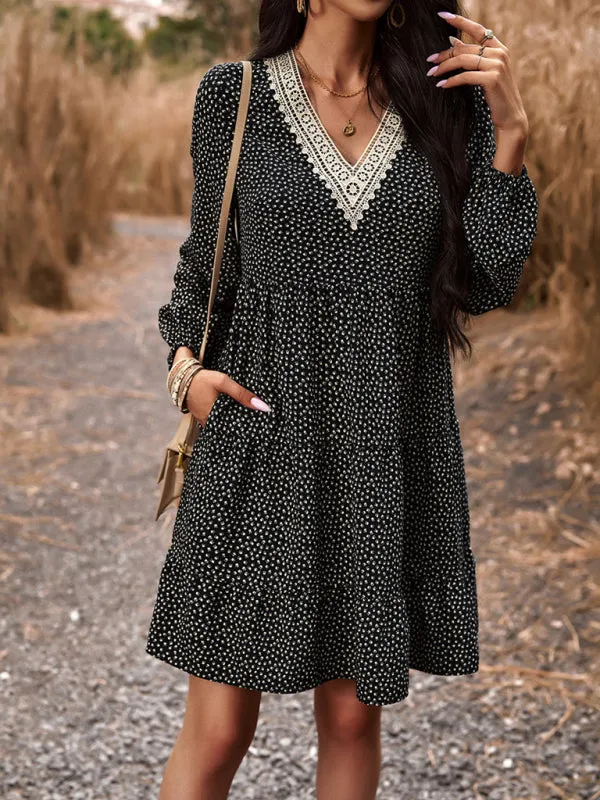 Floral Print V-Neck Dress with Lace Detail and Long Sleeves
