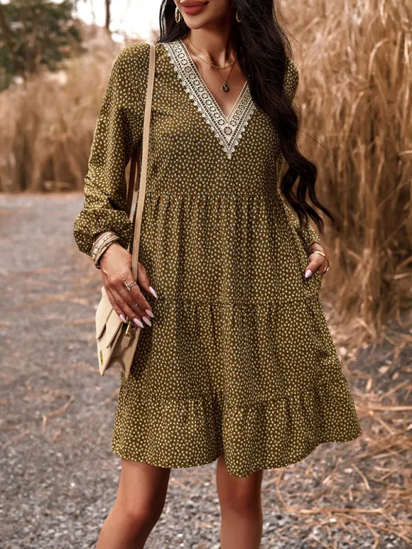 Floral Print V-Neck Dress with Lace Detail and Long Sleeves