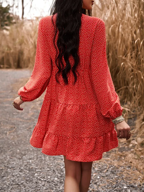 Floral Print V-Neck Dress with Lace Detail and Long Sleeves