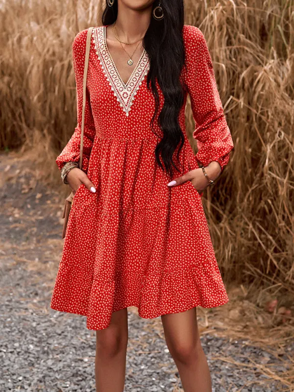 Floral Print V-Neck Dress with Lace Detail and Long Sleeves