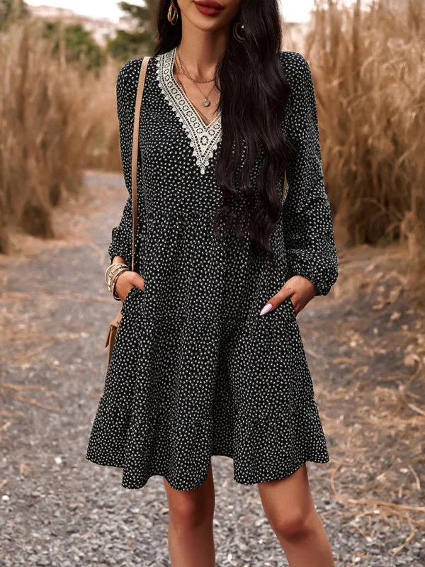 Floral Print V-Neck Dress with Lace Detail and Long Sleeves