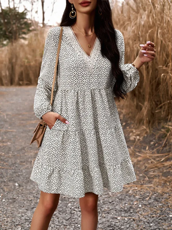 Floral Print V-Neck Dress with Lace Detail and Long Sleeves