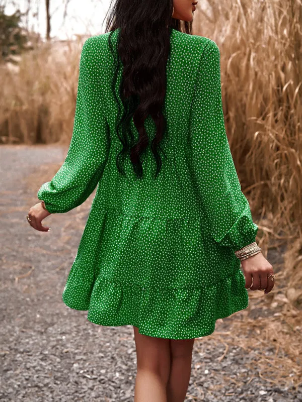 Floral Print V-Neck Dress with Lace Detail and Long Sleeves