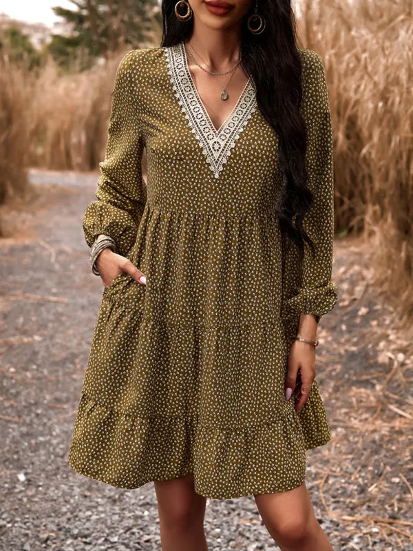 Floral Print V-Neck Dress with Lace Detail and Long Sleeves