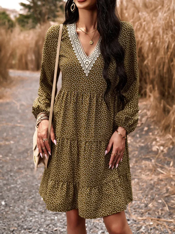 Floral Print V-Neck Dress with Lace Detail and Long Sleeves