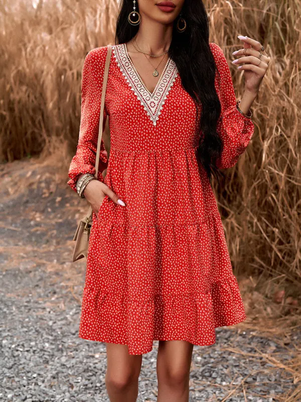 Floral Print V-Neck Dress with Lace Detail and Long Sleeves