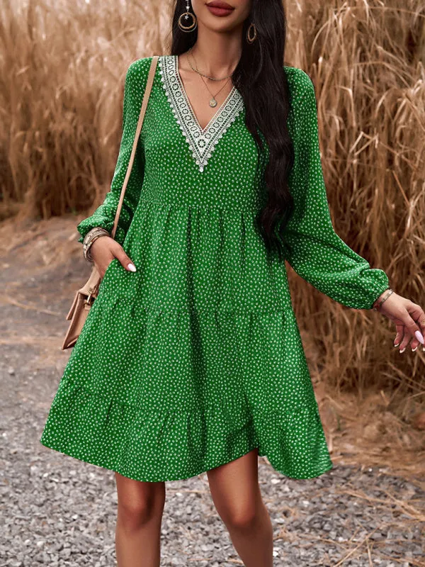 Floral Print V-Neck Dress with Lace Detail and Long Sleeves