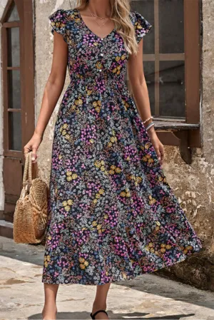 Floral Ruffled Sleeve V-Neck Midi Dress